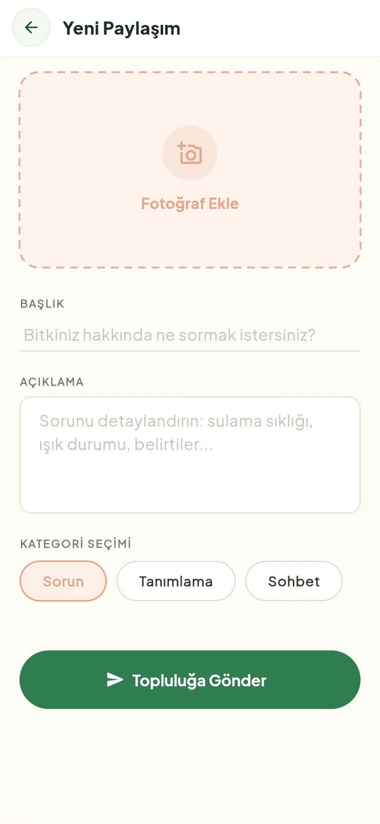 Yeni paylaşım: fotoğraf, başlık, açıklama ve kategori (örnek ekran)